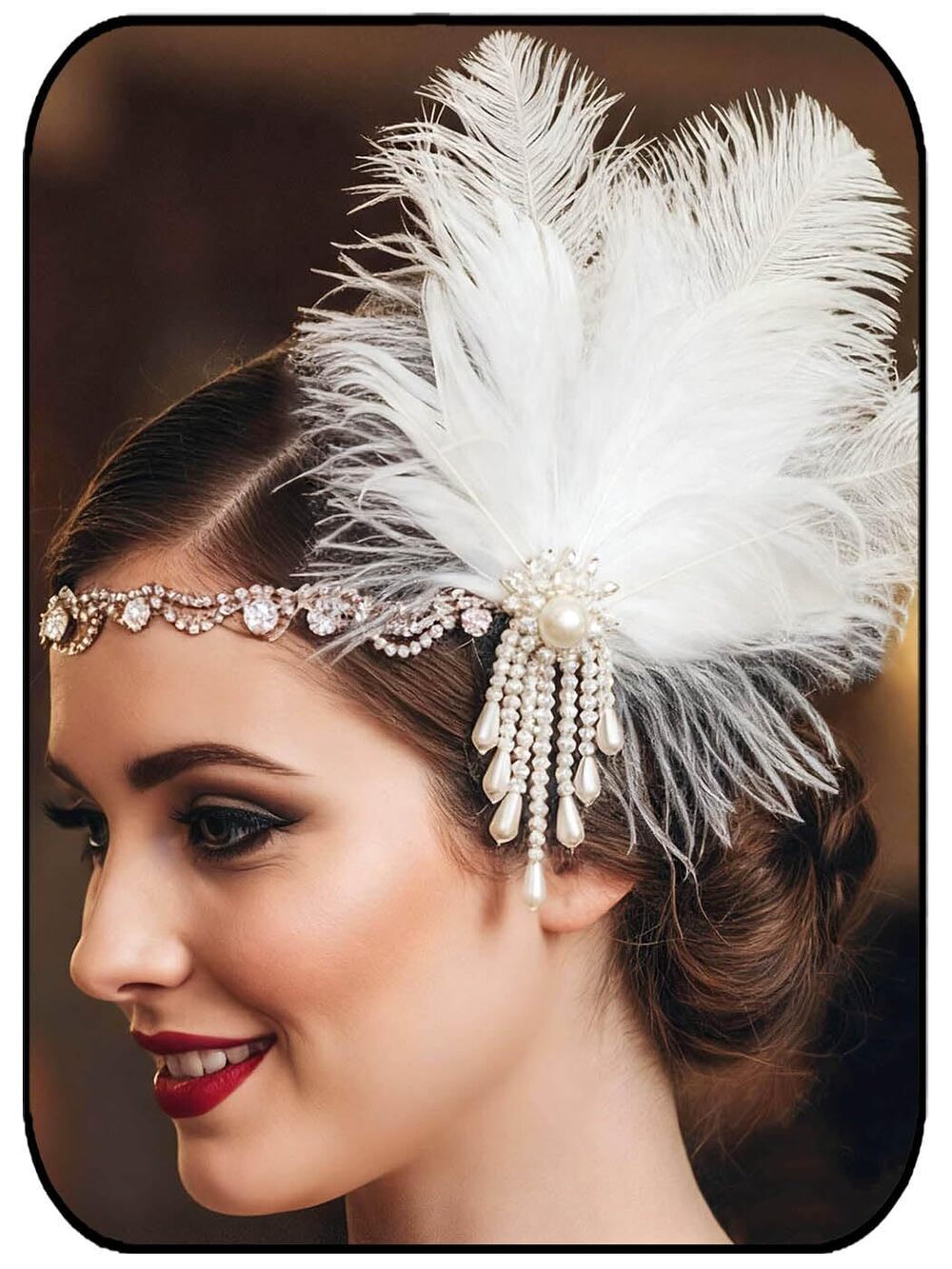 9121 Feather Headband 1920s White Pearl Flapper Headpiece Rhinestones